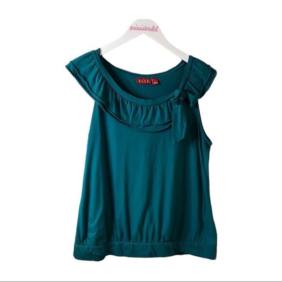 Elle sleeveless blue/green top with ruffled collar and bow. Banded hemline. SZ L - Picture 1 of 12